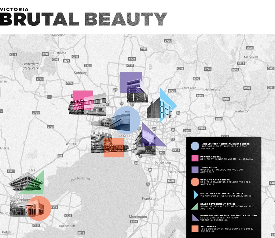 Map shows all the buildings from Australia's Victoria region featured in Budget Direct Travel Insurance's tribute to Aussie Brutalism.