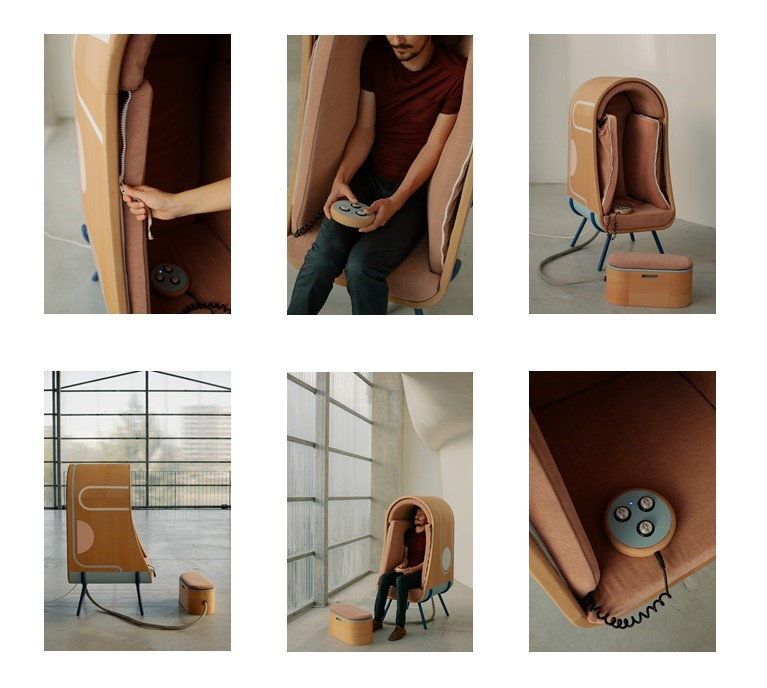 Several different shots of the OTO Chair showcase its unique aesthetic and features.