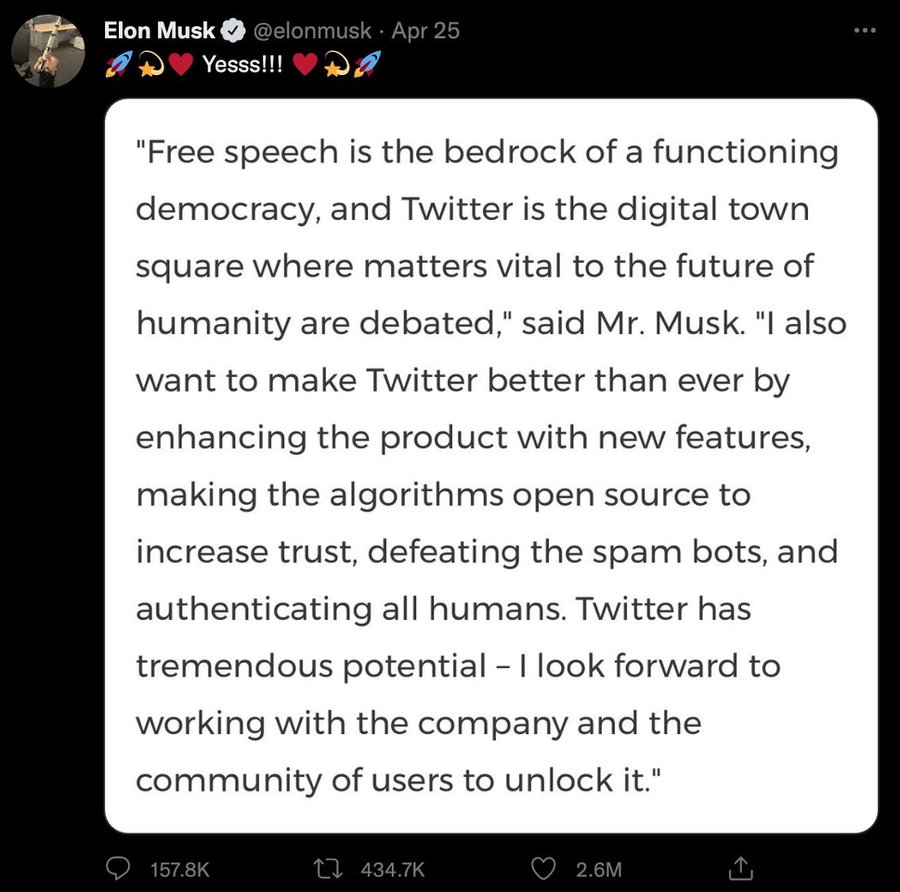 Free speech-focused tweet by Elon Musk.