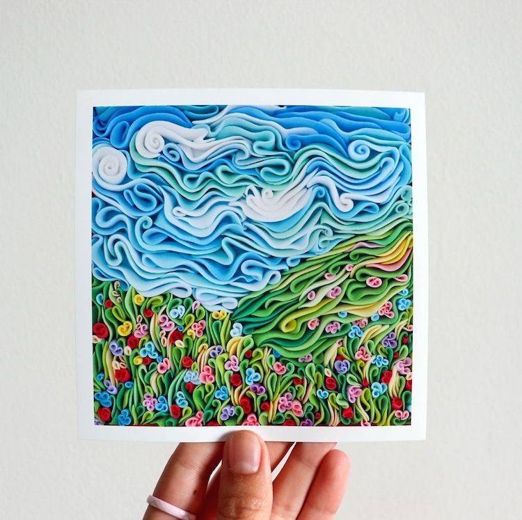 Light, colorful flower fields modeled from air-dry clay by artist Alisa Lariushkina. 