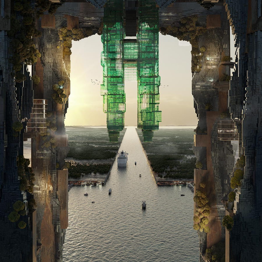Boats pass through the futuristic structures comprising the Line vertical city via a central waterway built through the middle.