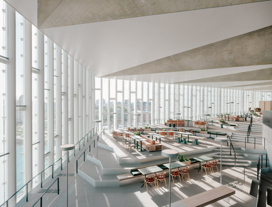 The topmost, cantilevered floor of the new library features ample seating so guests can take in every last view. 
