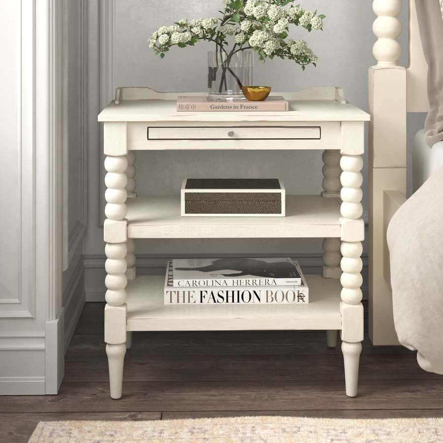An elegant white night stand designed by singer Kelly Clarkson in collaboration with Wayfair.