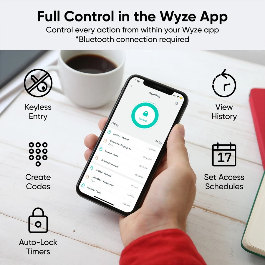 Graphic breaks down features of the. Wyze Lock Bolt accompanying smartphone app.