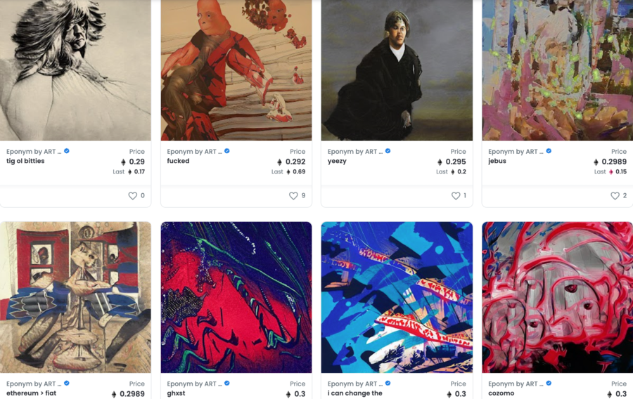 Several AI-generated artworks for sale on the OpenSea NFT marketplace.