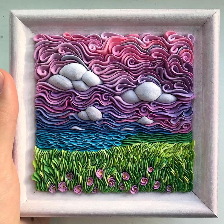Swirling air-dry clay modeled purple sky painting by artist Alisa Lariushkina. 