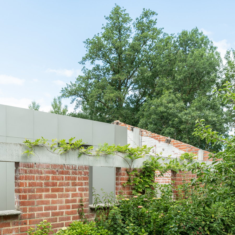 The Belgian farmhouse's hybrid roofline hides among the surrounding trees.