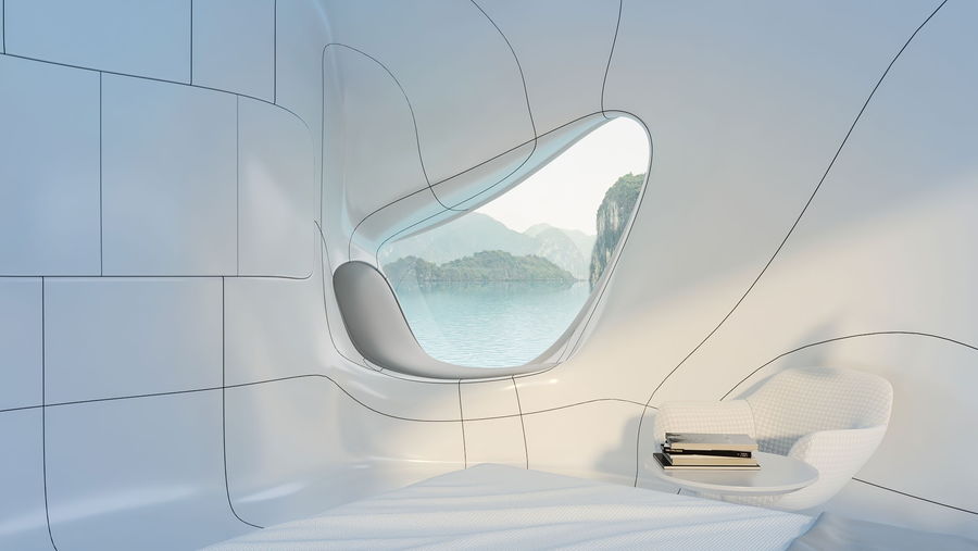 Futuristic window lounge inside an Ocean Builders SeaPod.
