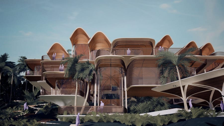 View of Zaha Hadid Architects' Roatán Próspera units from ground level.