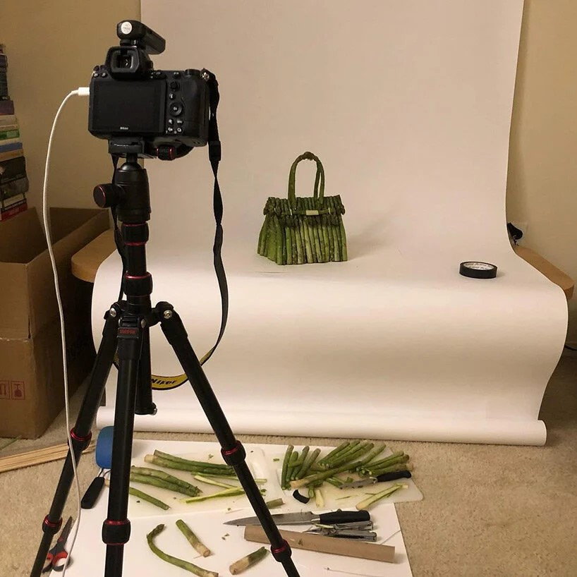 Behind-the-scenes shots reveal Denzer's process of skewering and photographing his vegetable Birkin bags. 
