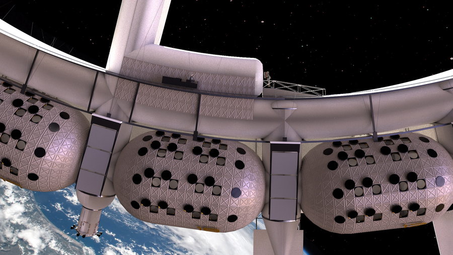 Exterior close-up of Orbital Assembly's massive Voyager space hotel.