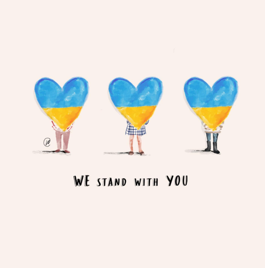 Artwork by Lucy Claire shows people holding hearts colored blue and yellow like the Ukrainian flag, with the words 