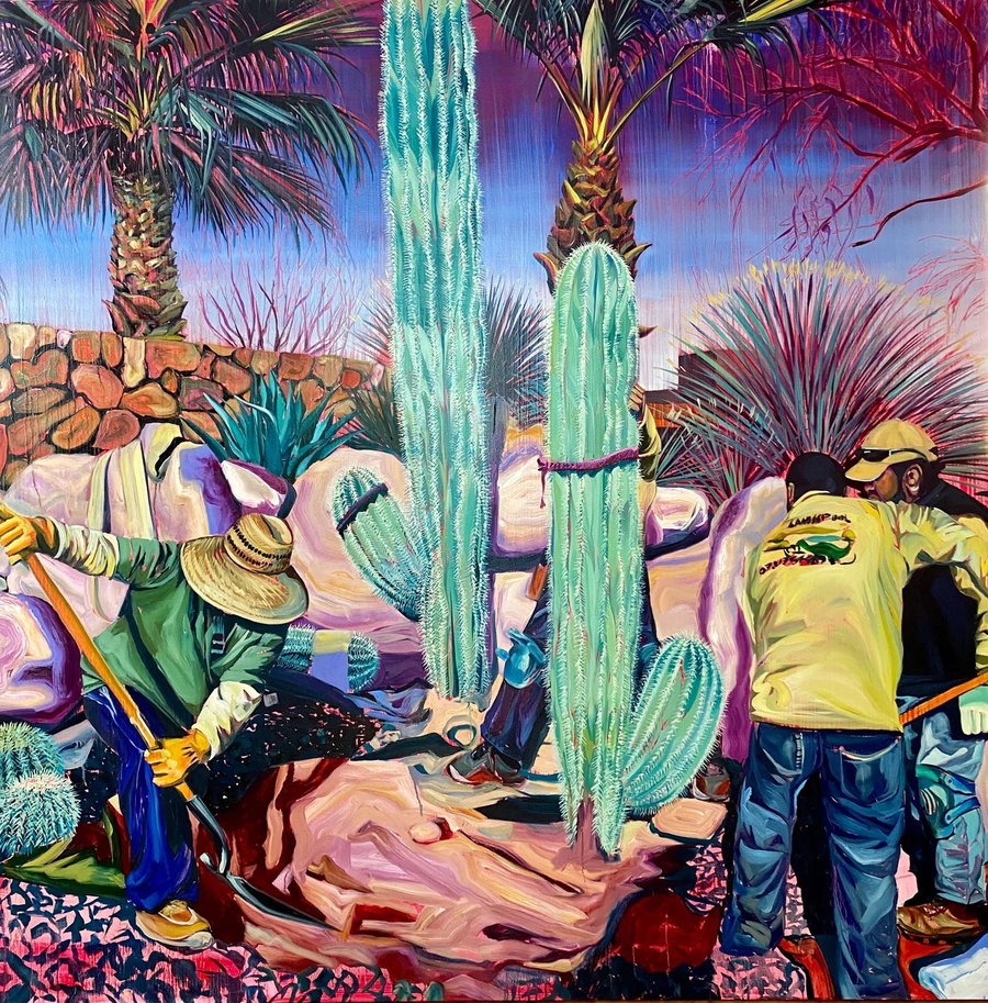 Painting of workers installing a large cactus outside a luxury home with a crane, as featured in Rex Southwick's ongoing 