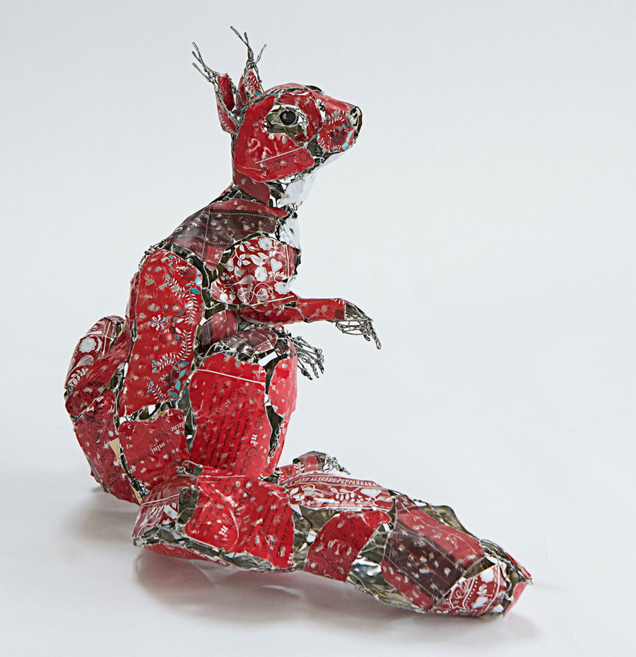 An intricate upcycled metal squirrel by artist Barbara Franc.