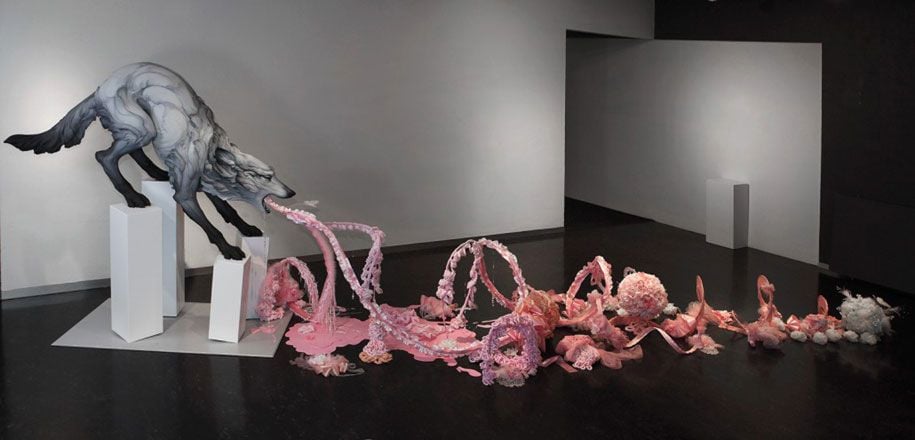 Beth Cavener's unsettlingly abstract sculpture of what looks like a wolf vomiting its intestines out. 