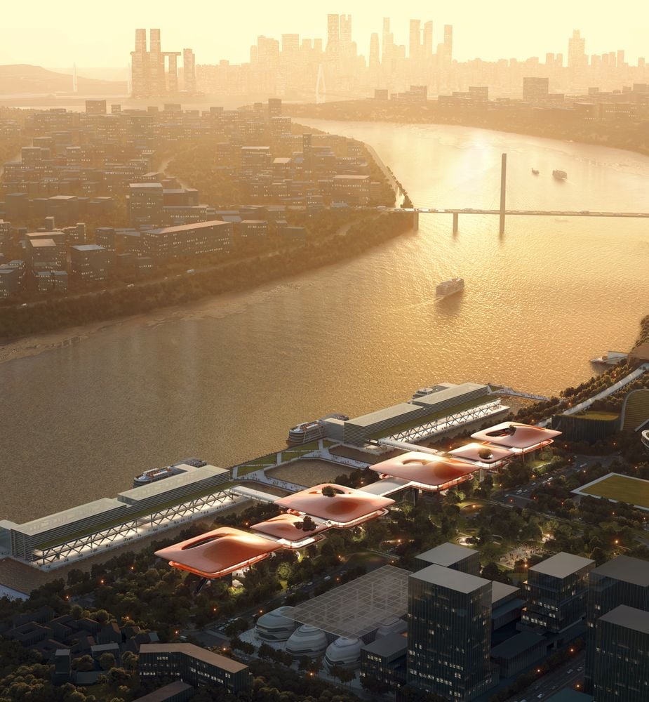 Aerial view of the futuristic Yangtze River Skywalk structure.