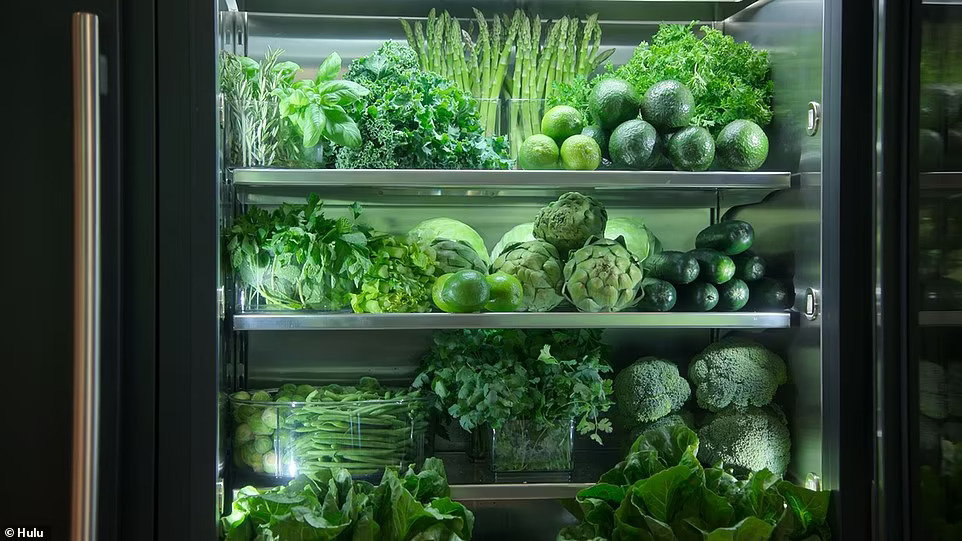 A refrigerator filled with green vegetables at Kris Jenner's home