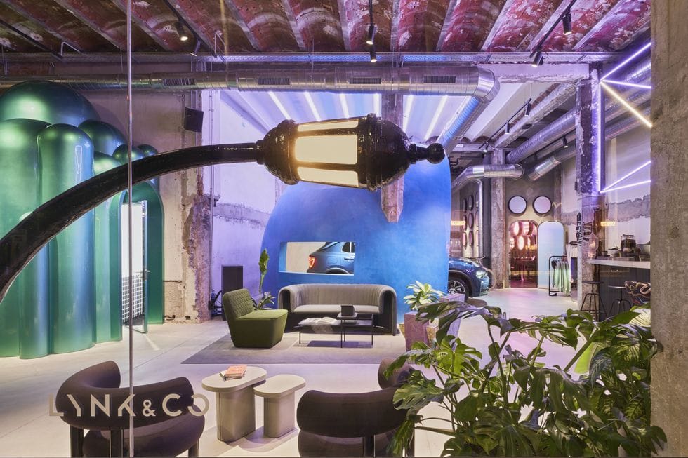 Lynk & Co's similarly surreal Barcelona club, designed by Masquespacio.