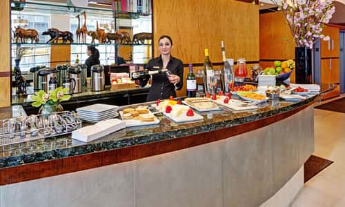 Complimentary wine and cheese is served Mon.-Sat. from 5:00pm-8:00pm at the Hotel Giraffe.