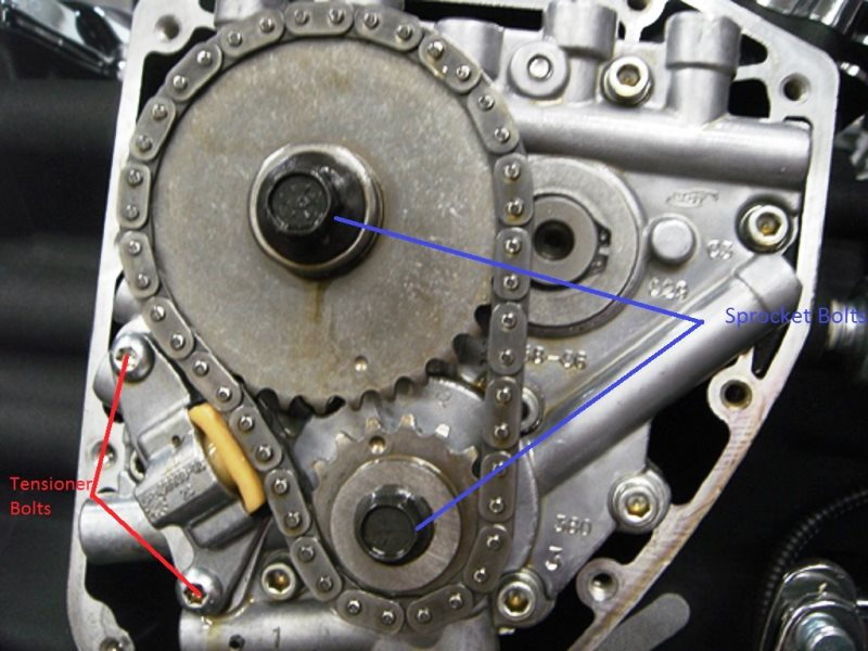 Removing the cam chain tensioner and cam sprockets