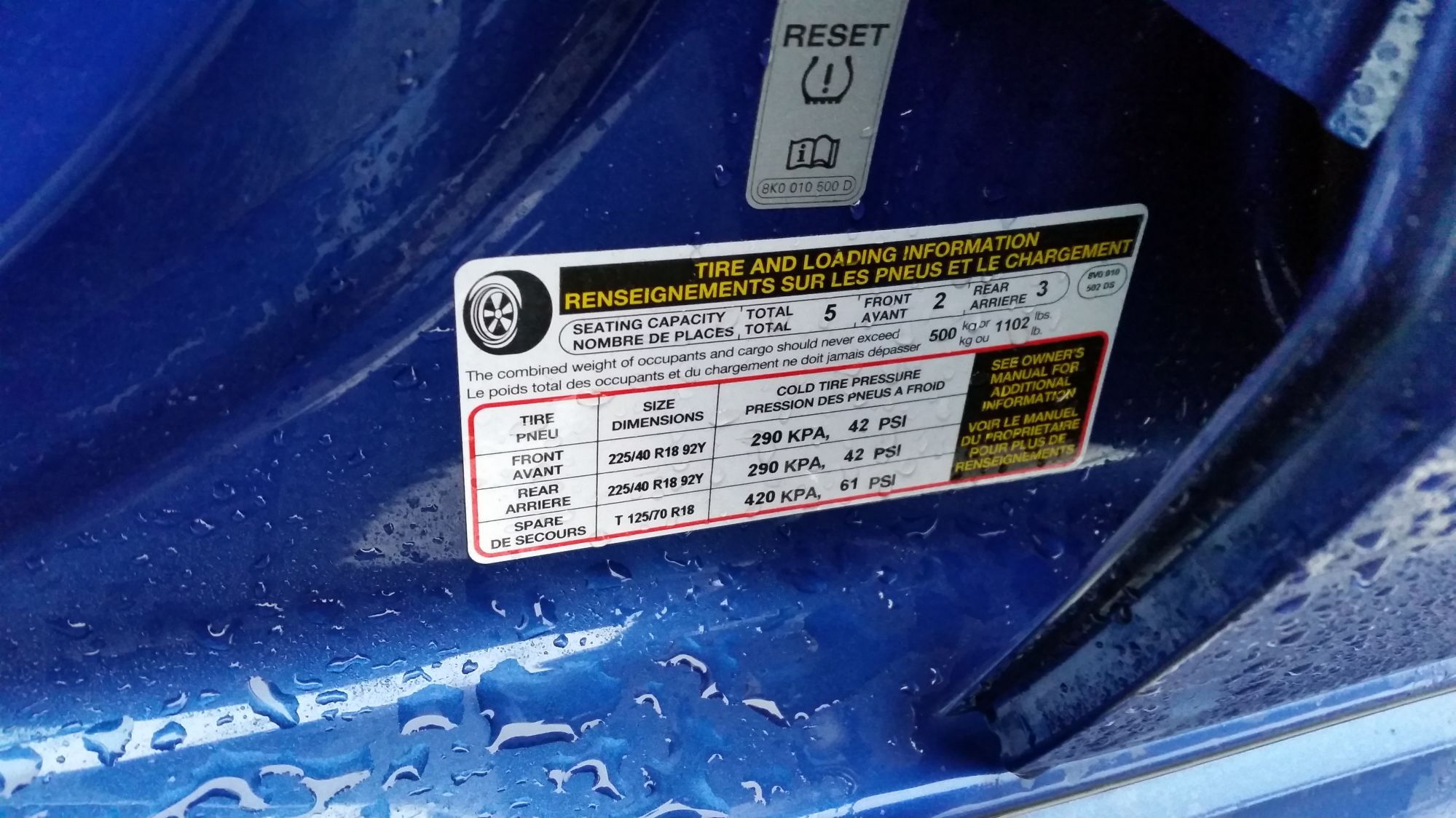 The sticker near the door panel indicates recommended tire PSI levels.