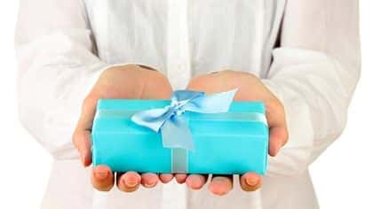 Giving a blue box gift.