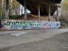The left side of this wall has recently been painted twice.  Perhaps there is a little turf battle going down?
There are a couple note tags saying, "In Da Dark", and, "Ask".
I have no background knowledge about this art world.
Botty Kayer?