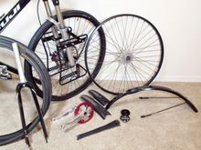 The idea was to have two wheelsets, one with the 700x35 Nimbus Sport Blackbelts for dirt or gravel, one for the 700x32 Continental Sport Contact slicks. Easy changout. Original Fuji carbon blade fork is fun, too. 170mm crank on the bike, 175mm spare. 'DeFender' front fenders clip on. Street fenders are Portland Design Works. I like their mounting system. Spare front wheel had an accident before it was ever installed on the bike - waiting for a new matching rim to re-lace it.