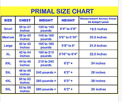 Primal Cycling Jersey Size Chart
