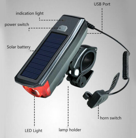 ALLOMN Solar Bike Light 250LM Solar USB Rechargeable Bicycle Headlights Set Super Bright Bicycle Front Light with 5 Mode Horn IP65 Waterproof 120DB 4 Light Modes 
