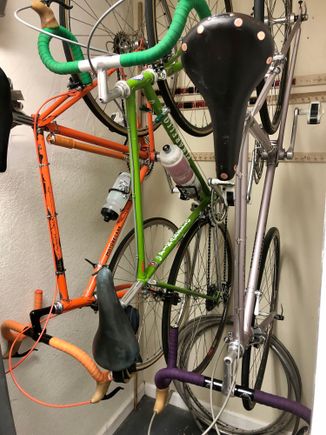 Orange on the Champion Team, grass green on the Pinarello, and eggplant on the Le Champion...