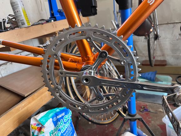Stronglight cottered crank, three pin steel, alloy rings...