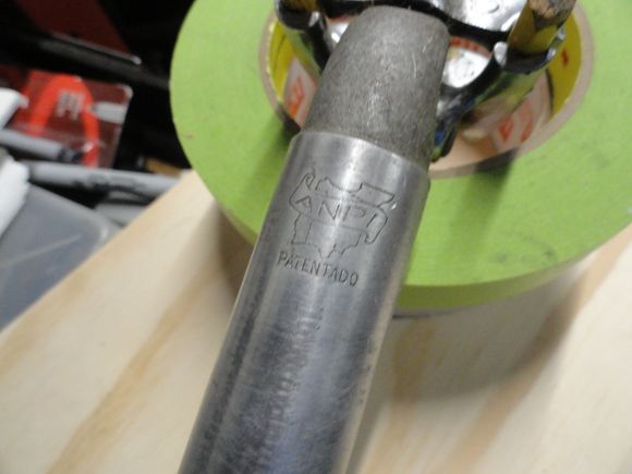 This nice seat post came from our friend Skip in Illinois, and because it is too small in diameter, It shall become the default seat post.  I have the obligatory brass shim material that I can make fit so the post works.   It checks one of the boxes for Spain as a source country.