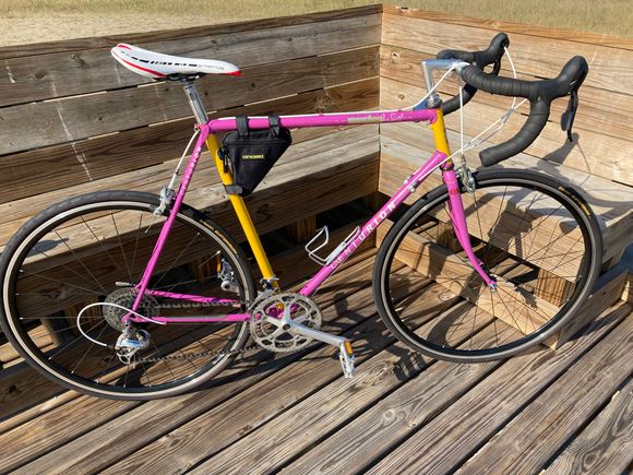 My 1987 Miami Vice Frankenbike. Wearing a brand new set of Gatorskins. First time I’ve rode it in 3 years. A super fast road racer. 