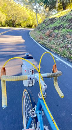 Handlebar-mounted water bottle cage: check
Exposed cables: check
Cloth tape: check
Friction shifting: check
Italian steel: check
Toe clips & straps: check
Tubulars: cheek
C & V: check
