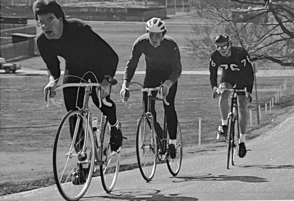 Yes, that’s a “Skid Lid” on me, no.76, in the early 80’s at Purdue University crit. It had a real chamois against the forehead liner. Still… a worthless helmet.