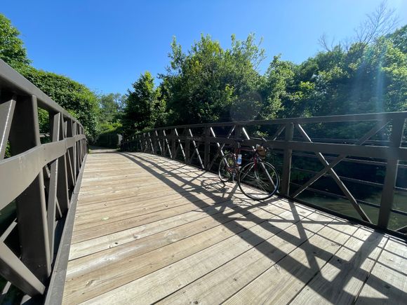Using the Schwinn SLT 12.2 to give an example of the worst kind of light for a photo. Also an example of how the main topic- the bike, it’s all about the bike- can get completely lost in the background. 

Anywayz- this is a freeway MUP in L’ville KY , over Beargrass Creek I think. It’s working its way to the mighty mighty Ohio River. Mostly I -and the homeless- like this path as it’s somewhat separated from the freeway by urban overgrowth. And it’s near Seneca & Cherokee Parks. 
I recommend 