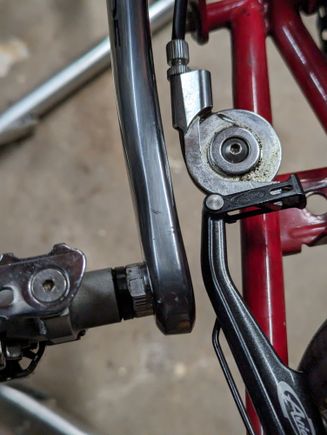 And this is after someone here advised me to re-arrange the brake pad spacers to create a bigger gap. Note that the pulley is not technically required (I converted the bike to flat bars) but helps create a tighter pull vs. a traditional noodle.