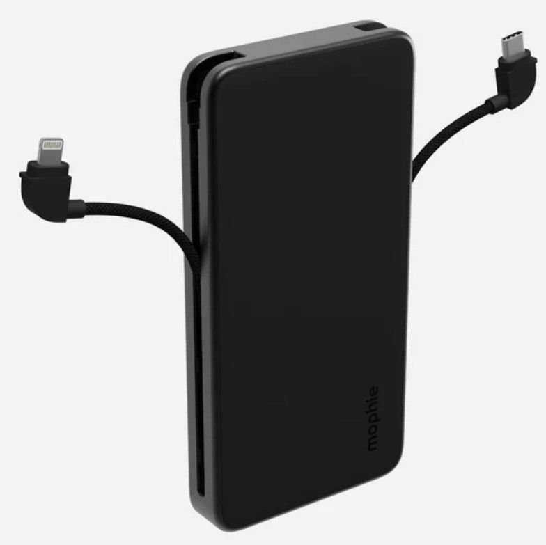 mine has three integrated USB ports, enough to charge my phone, GPS device, and tail light. Plugs into an outlet. If I forget to plug it in, I've found it'll keep all my devices charged for two days