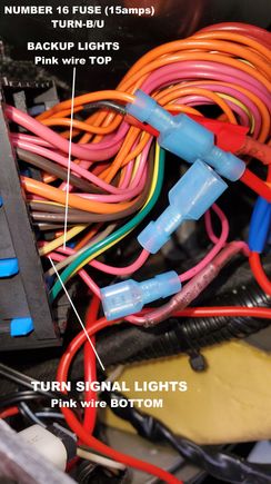 No.16 fuse shares two wires; one going to reverse lights and one going to turn signal lights. I cut one wire to see what it went to and it was the turn signal lights. 