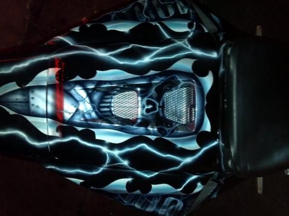 pillion seat cover, it doesn't have red in it, these pics were all taken at autozone so the red sign was reflecting off of it, but that just shows how purty and shiny she is lol