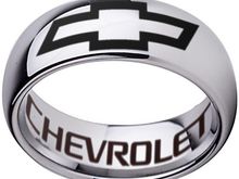 Silver dome Chevrolet tungsten ring available is sizes 6 - 13 at www.CustomRings.org