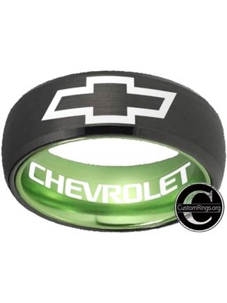 Black and Green beveled Chevrolet tungsten ring available is sizes 6 - 13 at www.CustomRings.org