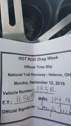 This is one of my time slips from Drag Week from a few years ago. I put a progressive nitrous controller in the car a few weeks before the event, and played around with settings to get as close to a 11.50 as possible. Since I refuse to put a cage in the car, 11.50 is as fast as I can go as per the rules. 