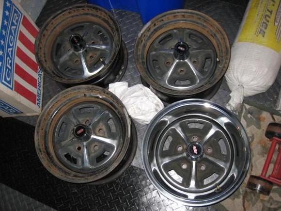 Original SS1 wheels before I restored them.  All 4 were in Cragar boxes on a shelf in the previous owner's pull barn.