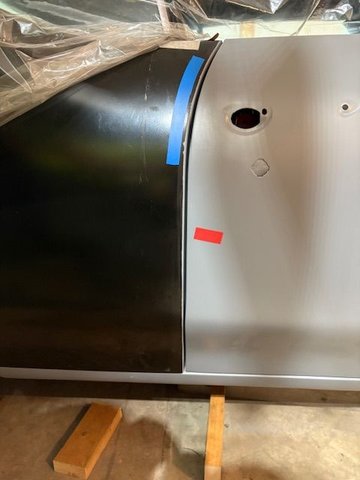 Overall the gap at rear of door isn’t nearly as bad as I thought it would be.  A little wide in the blue tape area.  The gray and black accentuate the difference.  One color, and not nearly so noticeable. I need to decide if weld building the door edge is worth while.  I will decide this after the front fender is fitted up, I hope next week.