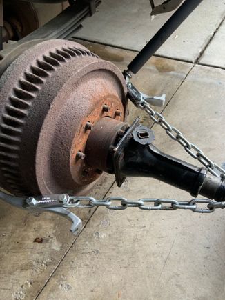 Don’t know if this will help anyone, has a stubborn, rusted drum.  Using a piece of chain, a car jack, and the jaws from an auto-zone rental 7 ton puller the job went smooth.   