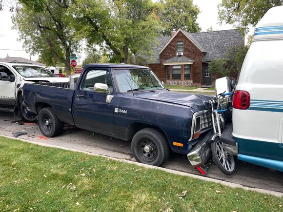 The pickup was totaled and the van is still in the shop. Moped was a goner, too. 