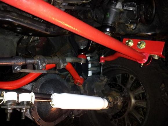 I made up these brackets to move the sway bar foward, 

You can also see here the New Skyjacker Drop pitman and New steering gear.