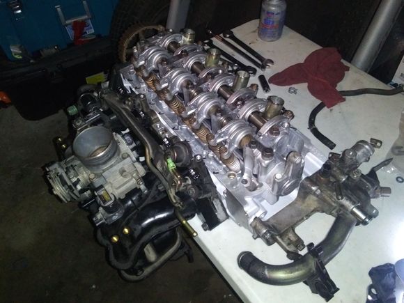 Put it all together before going back on block.  Took off the water passage for sake of weight, brother left and had to put ot on alone and gf to just move hoses and ac lines.